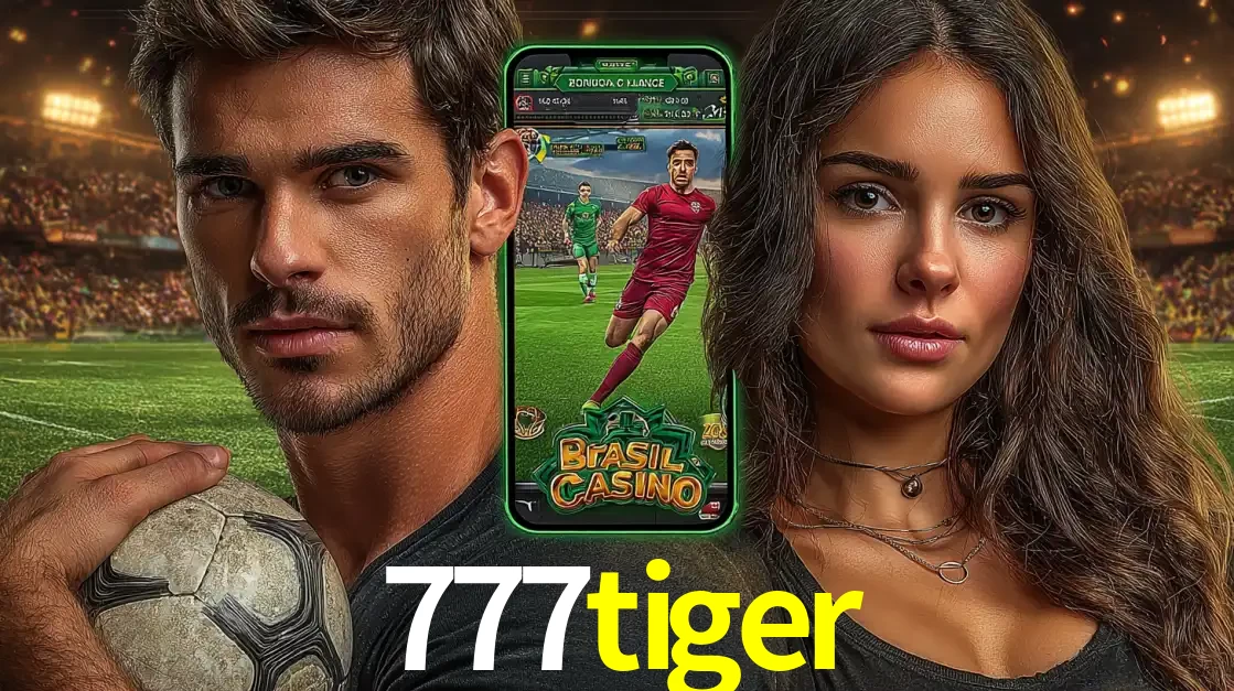 Homem segurando uma bola de futebol e uma mulher ao lado de um smartphone exibindo o jogo de apostas esportivas da 777tiger. Faça seu palpite no cassino online.